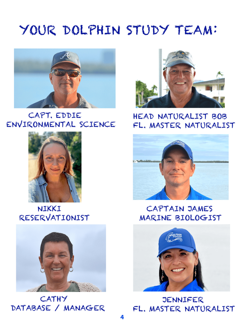 Six portraits of dolphin study team members with names and titles.