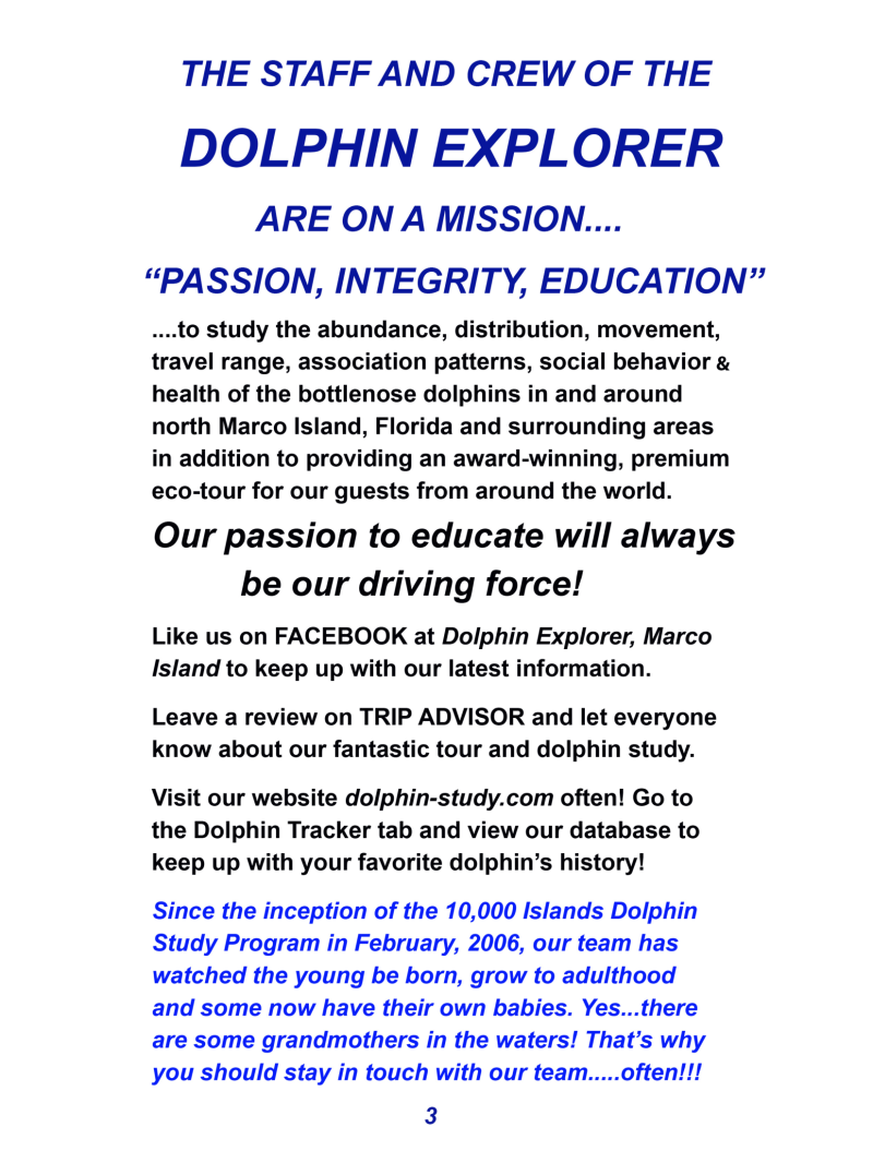 Flyer for Dolphin Explorer tour, emphasizing passion, integrity, education, and dolphin study in Marco Island.