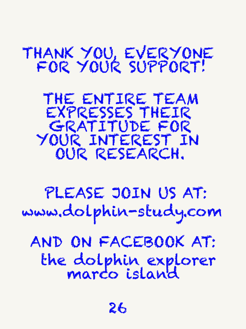 Blue text thanking supporters with web and Facebook links for dolphin research, page number 26.